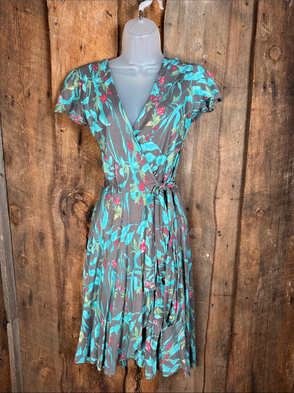 Buddha Sayulita Floral Wrap Dress in Teal and Gray